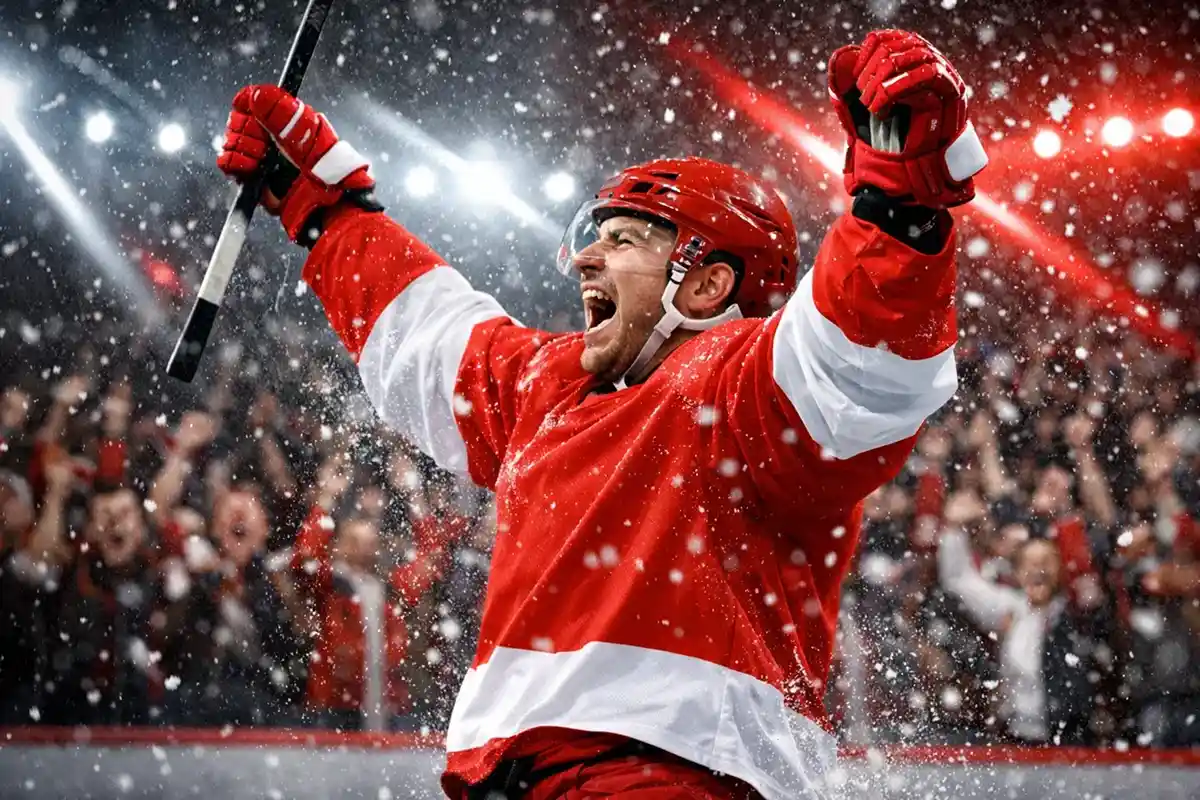 Dansk ishockeyspiller fejrer scoring med publikum i baggrunden