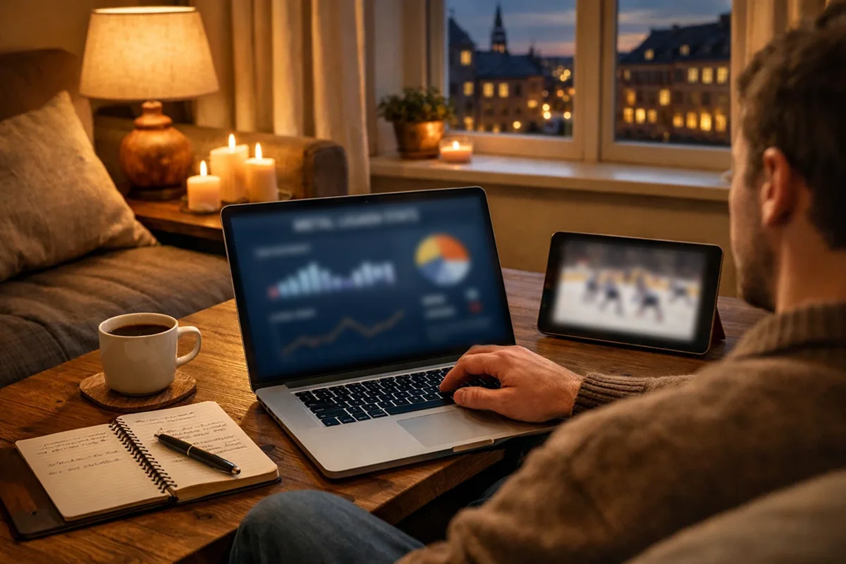 Person der analyserer ishockeystatistik og odds hjemmefra på laptop