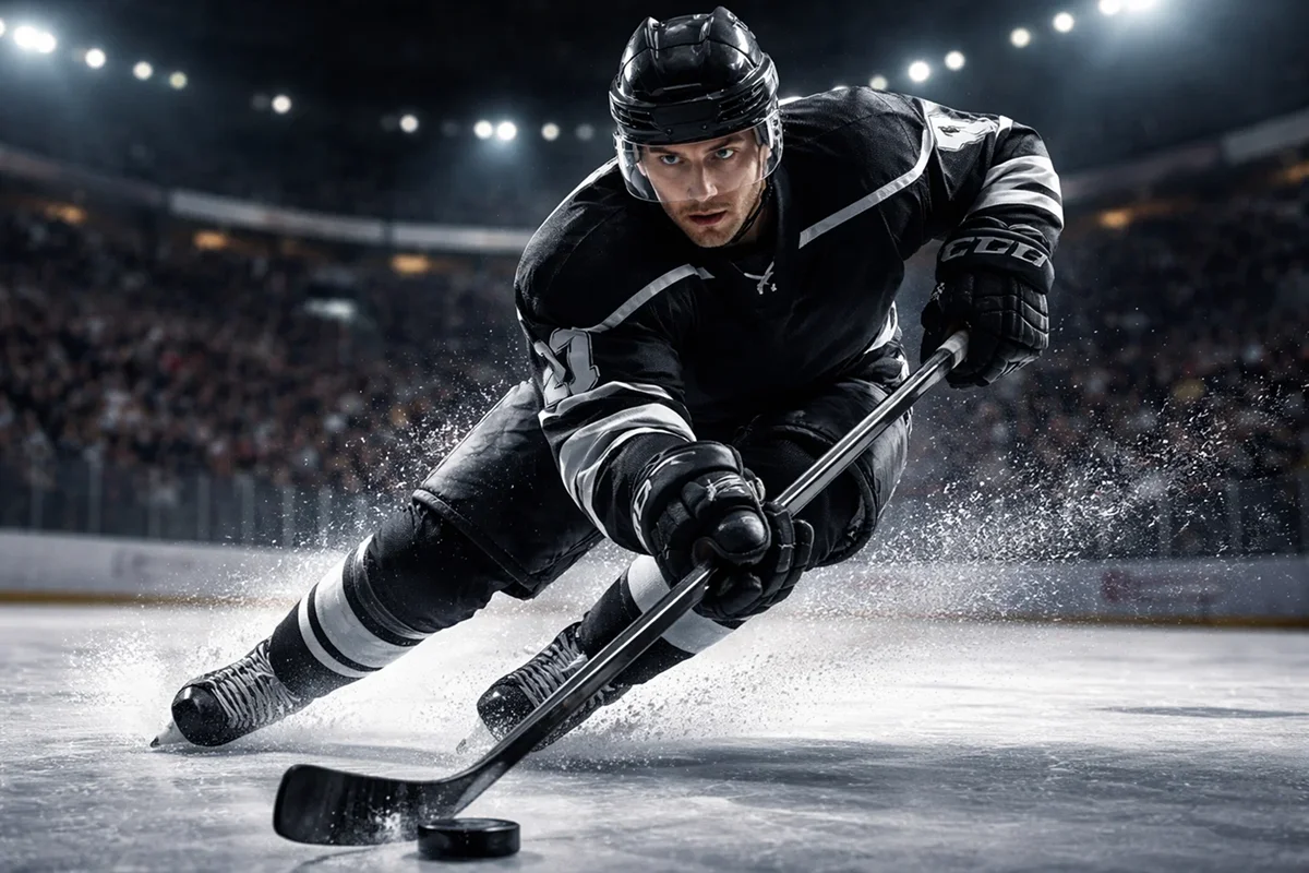 Ishockeyspiller på isen under intenst spil med fokus på strategi og teknik