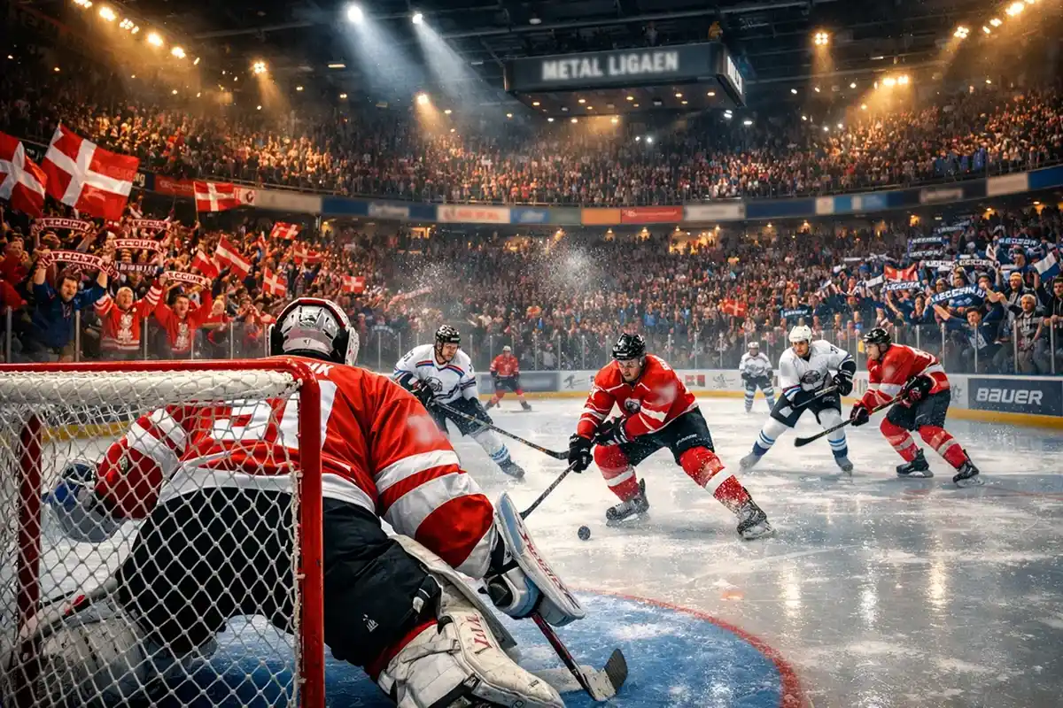 Dansk ishockeyarena med intens stemning og fans der hepper på deres hold