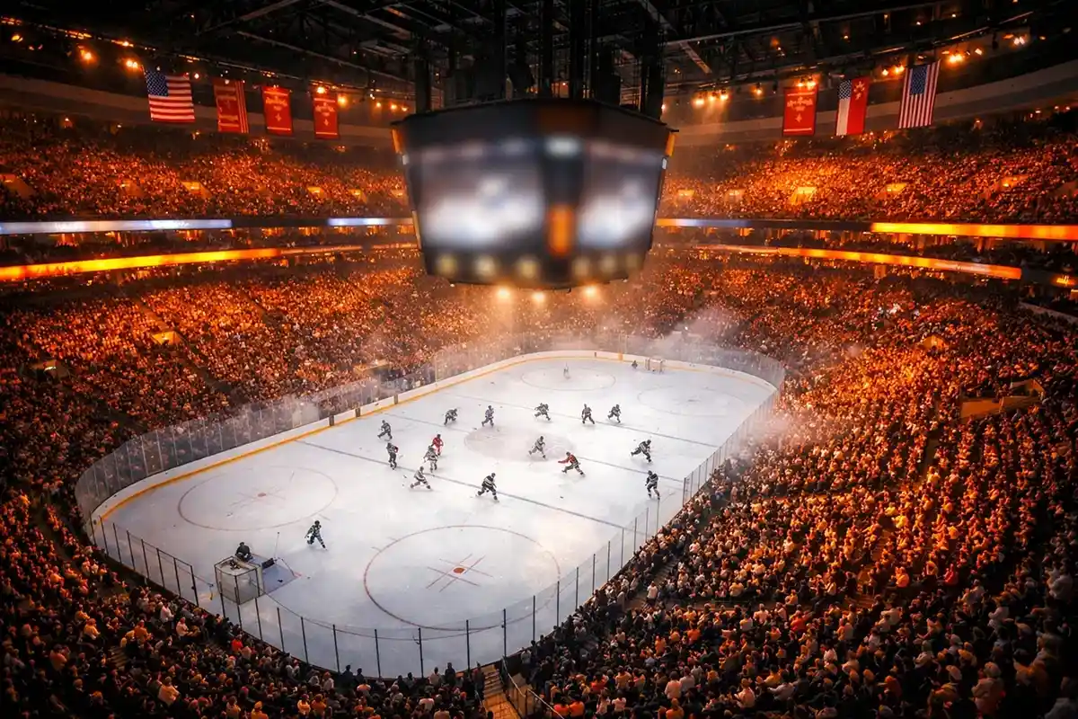 NHL-arena med intenst publikum og dramatisk belysning under kamp