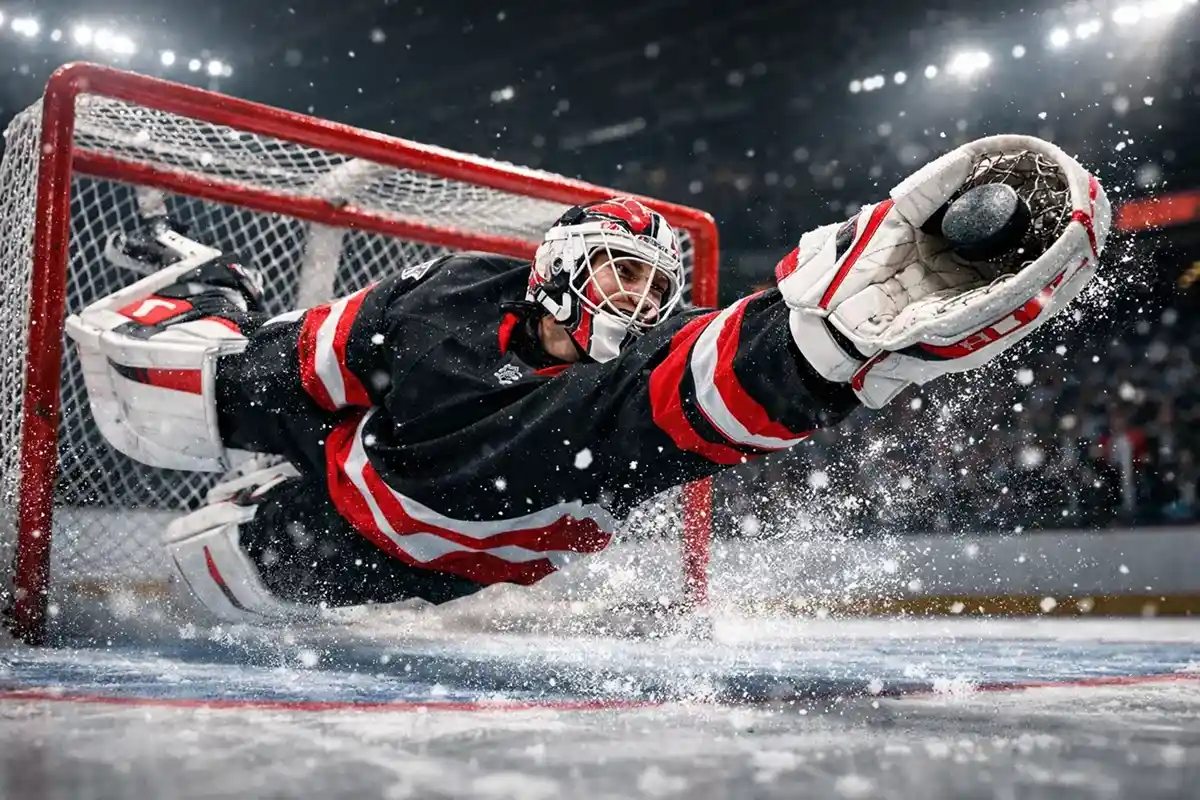 Målmand Redning NHL målmand laver en spektakulær redning under en intens kamp