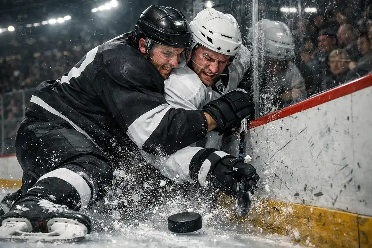 Intens NHL Kamp NHL spillere i intens kamp ved banderne med fysisk spil