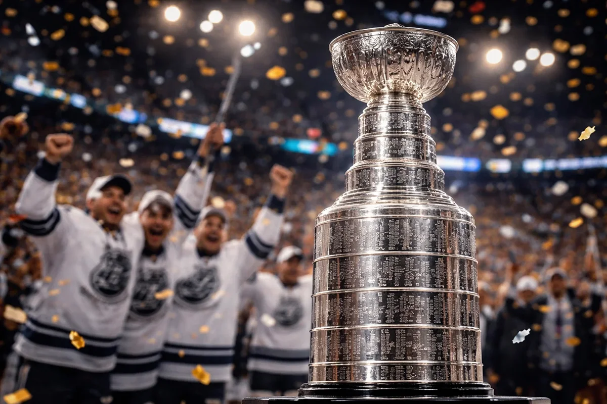 Stanley Cup Trofæ Stanley Cup trofæet med fejrende spillere i baggrunden
